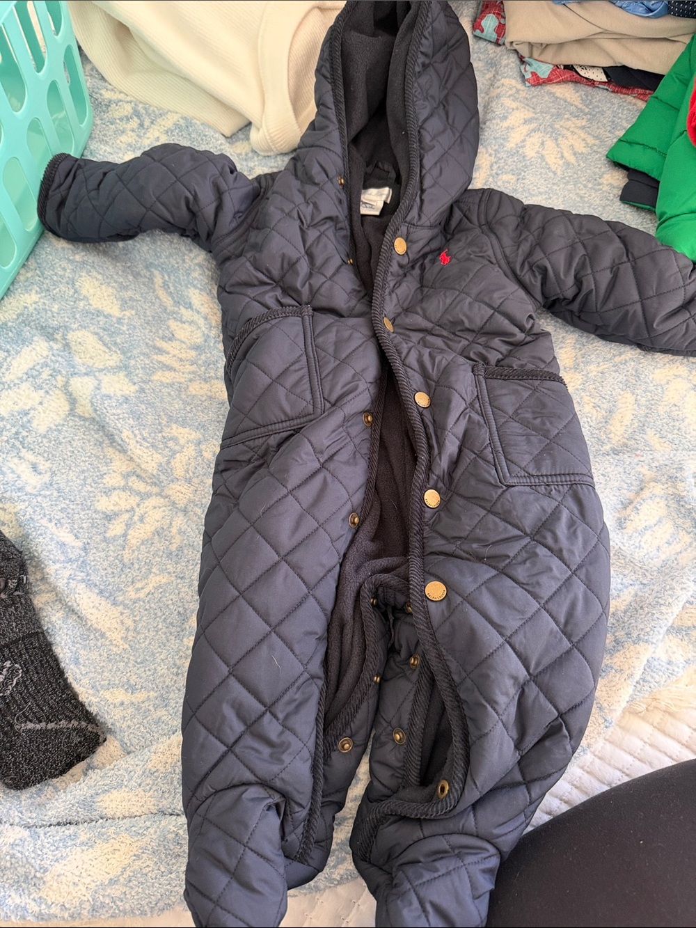 Ralph Lauren Navy Quilted Hooded Baby Footie One-Piece